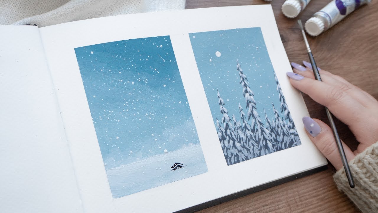 Simple And Easy Winter Landscape Paintings | Beginner Friendly Step By Step Gouache Tutorial 🤍