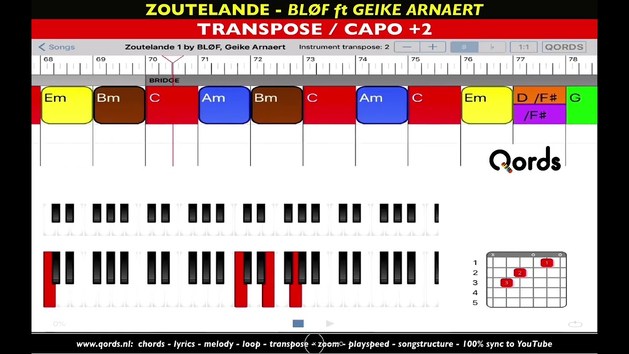 ZOUTELANDE-BLØF [easy key: Transpose /Capo 2] #chords #tabs #lyrics #playalong #qords_app #ipad #mac
