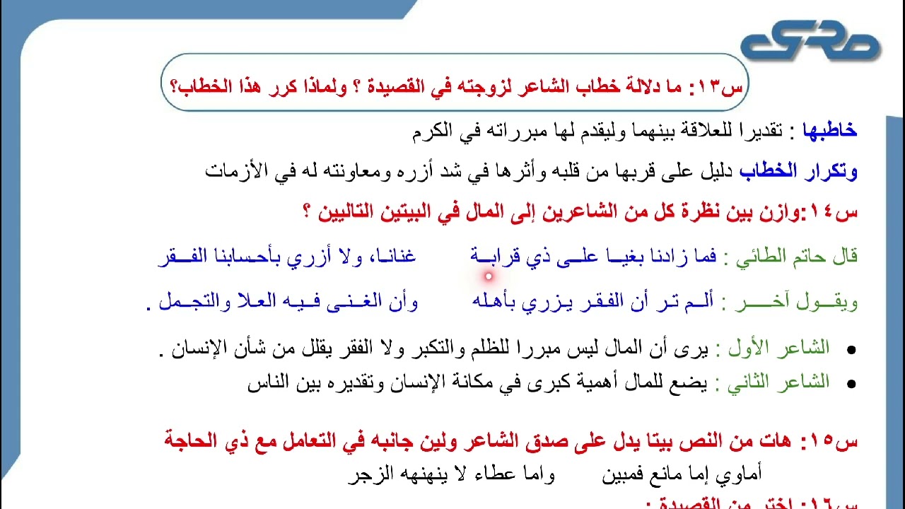 قصيدة كرم ومروءة | الفهم والاستيعاب | الصف الحادي عشر
