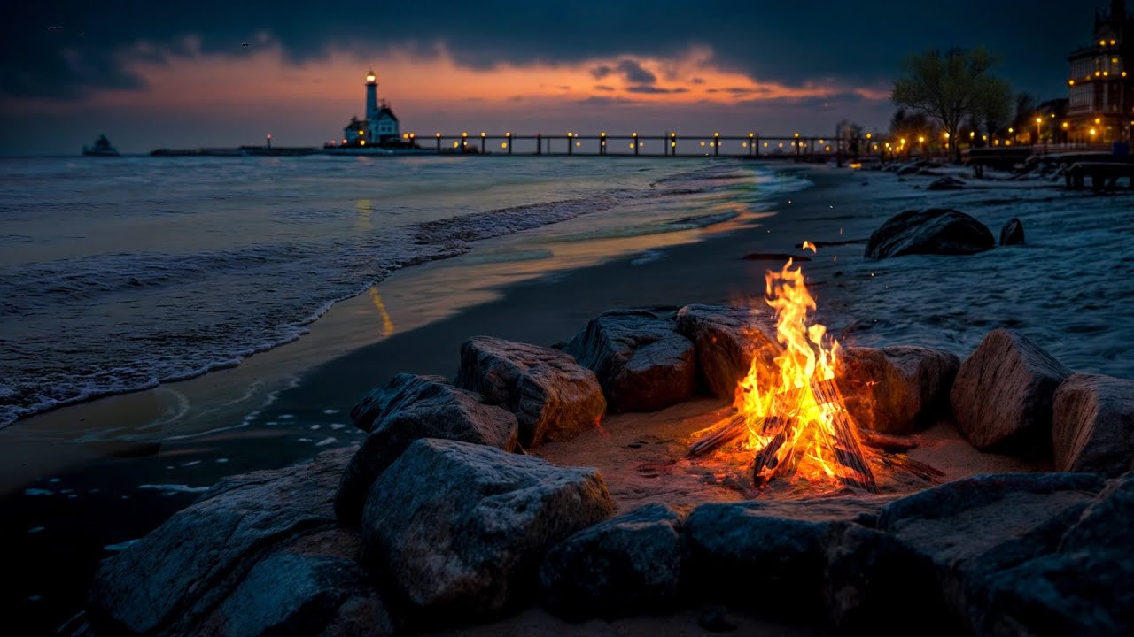 No Ads- Peaceful Beachfire Under the Moon 🌕🌊 | Sleep & Study with Ocean Night Ambience