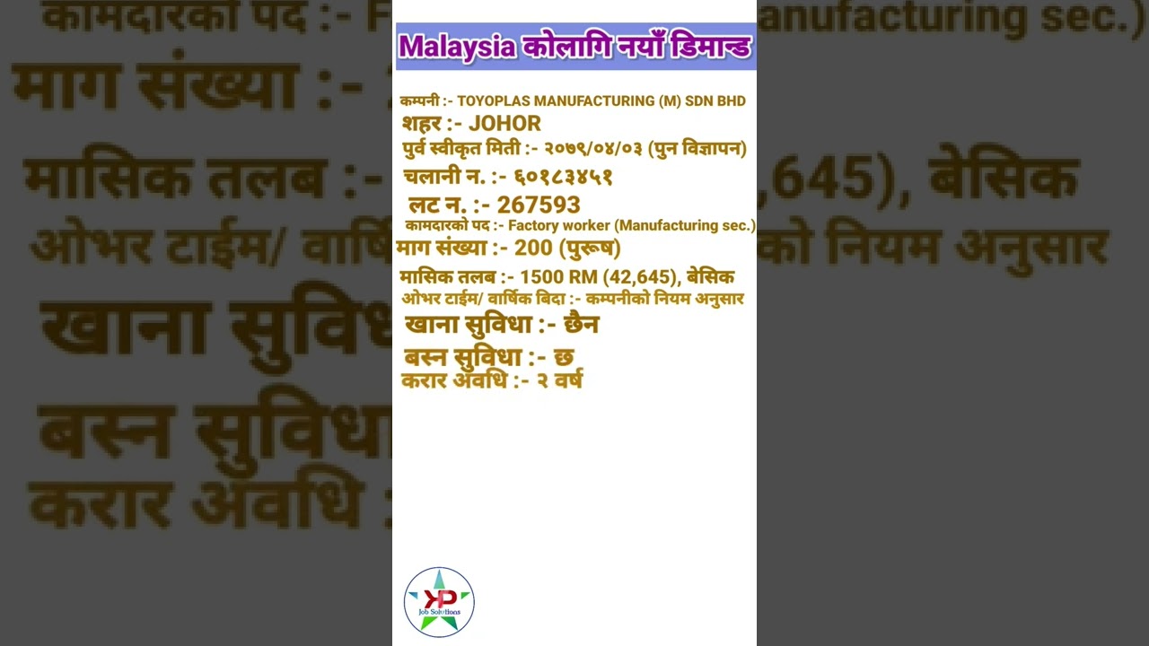 Malaysia new demand 2022 | Toyoplas manufacturing (M) SDN BHD| Baideshik rojgar news 2022 |