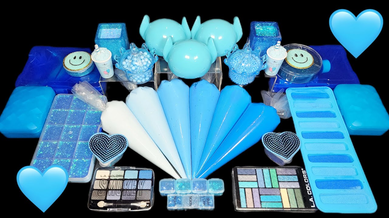 💙BLUE💙 Slime Mixing! Mixing clay, makeup, glitter into Slime!