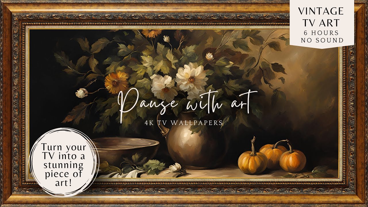 4K Vintage Frame TV Art Moody Fall Greenery | Autumn Pumpkin | Floral Farmhouse Decor
