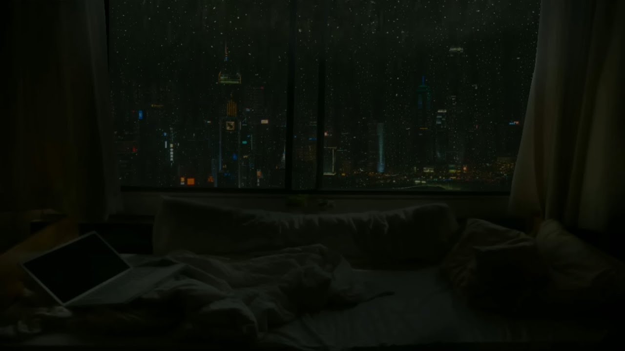 heavy rainstorm and thunder | rain on window at night city view | city rain ambience