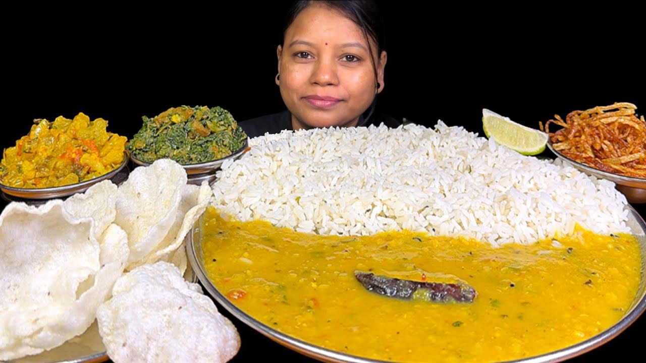 EATING DAL CHAWAL, ALOO FRY, BATHUA SAAG, GOBI STEM SABJI & PAPAD | EATING SHOW | MUKBANG ASMR
