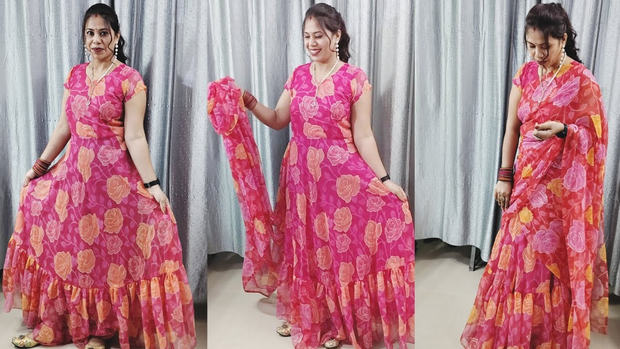 2 IN 1 DRESS READY TO WEAR GOWN + SAREE TUTORIAL ll GOWN SAREE LATEST STYLE 👌CUTTING AND STITCHING l