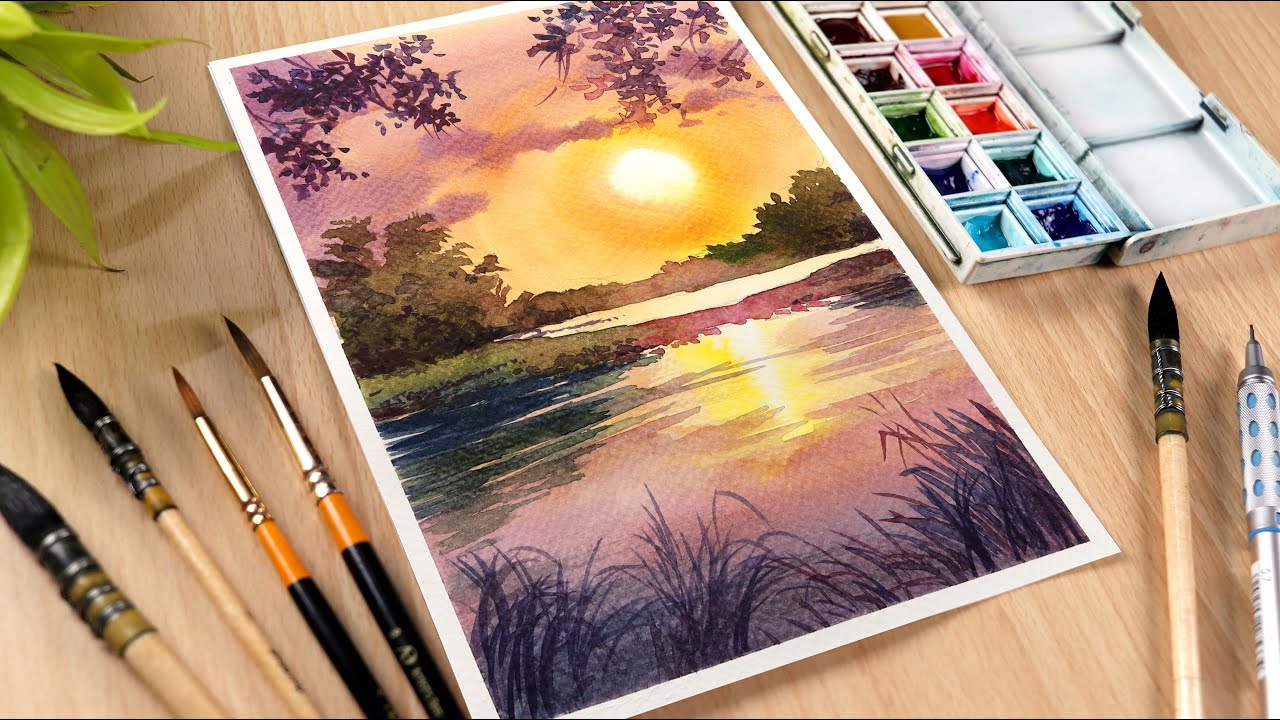 Easy Watercolor painting for beginners sunset lake landscape