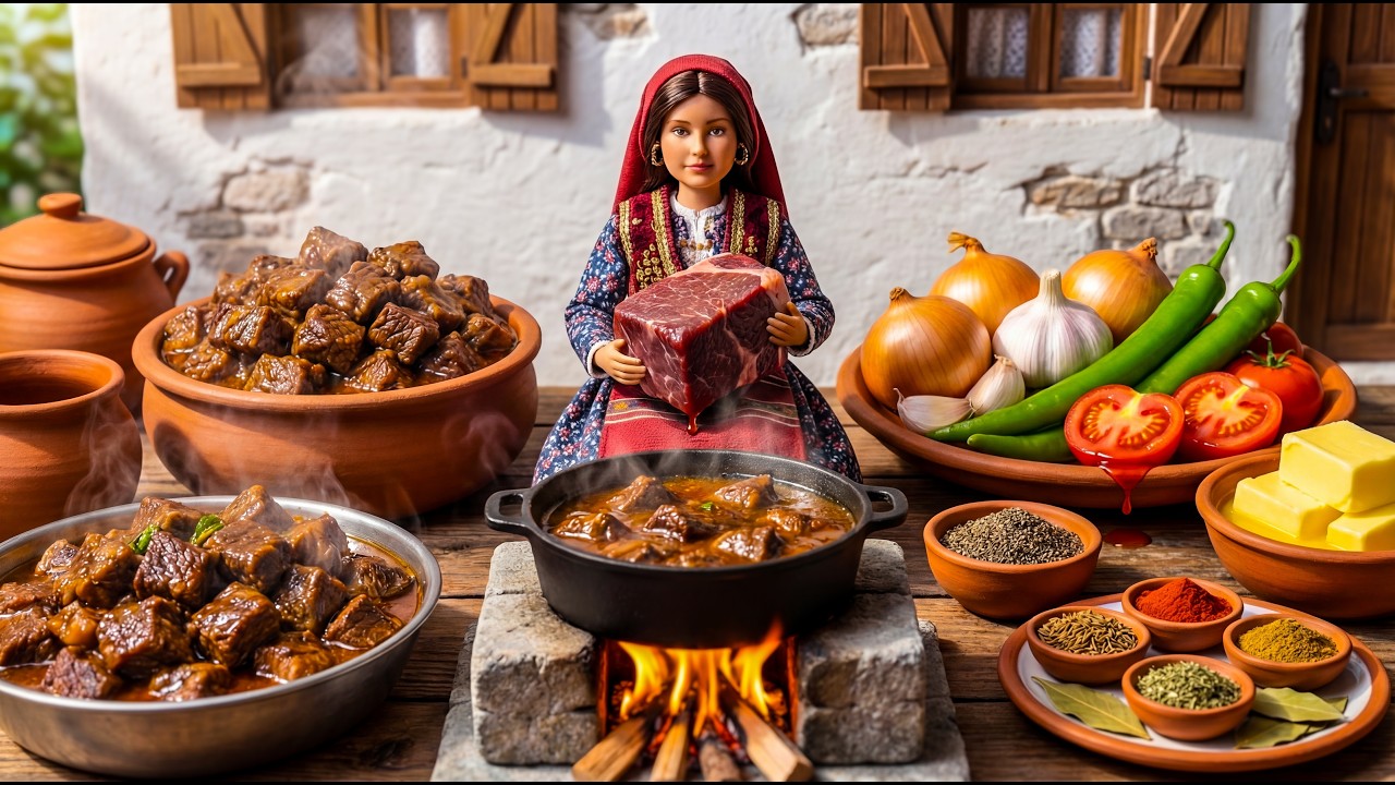 Miniature Doll Cooks Braised Meat Over Open Fire ASMR | Village Tiny Kitchen