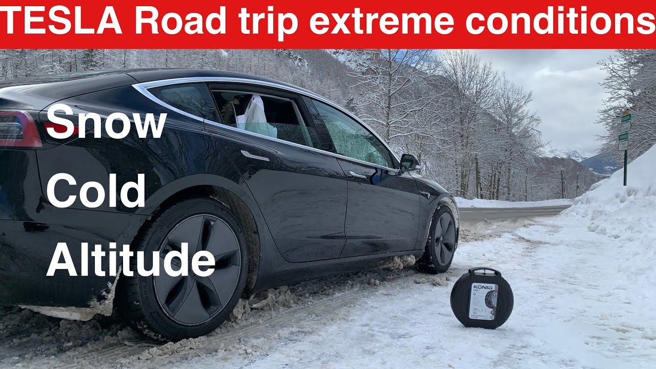 TESLA Snow driving road trip in extreme cold weather & high altitude in winter. Snow chains Konig