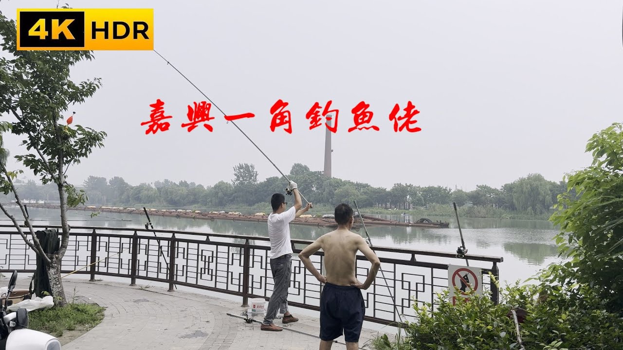 嘉兴城市一角，十字路口，大运河，钓鱼的人