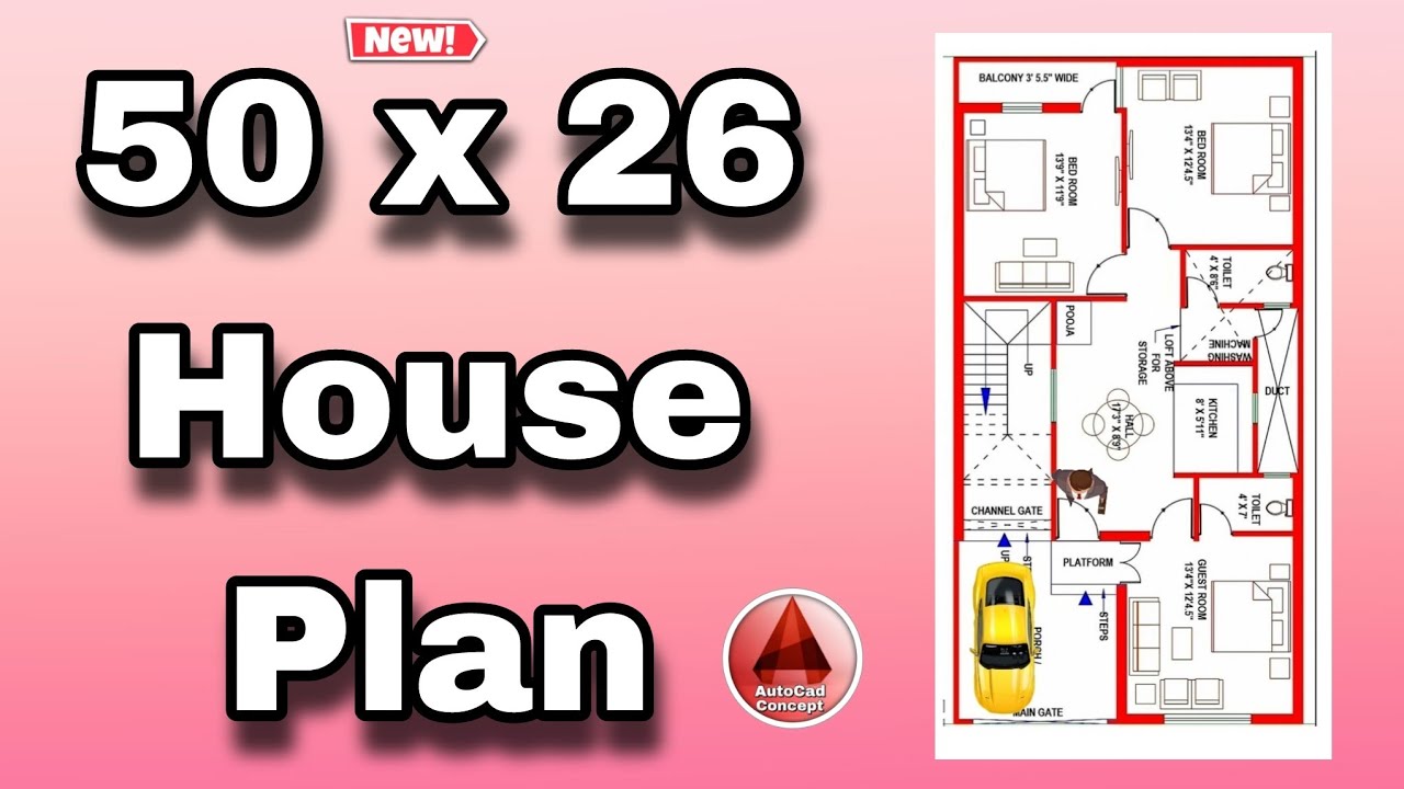 50 x 26 House Plan, 50 by 26 Home Plan, 1300 Sqft house plan , 2bhk House Plan, Vastu, Updated Plan