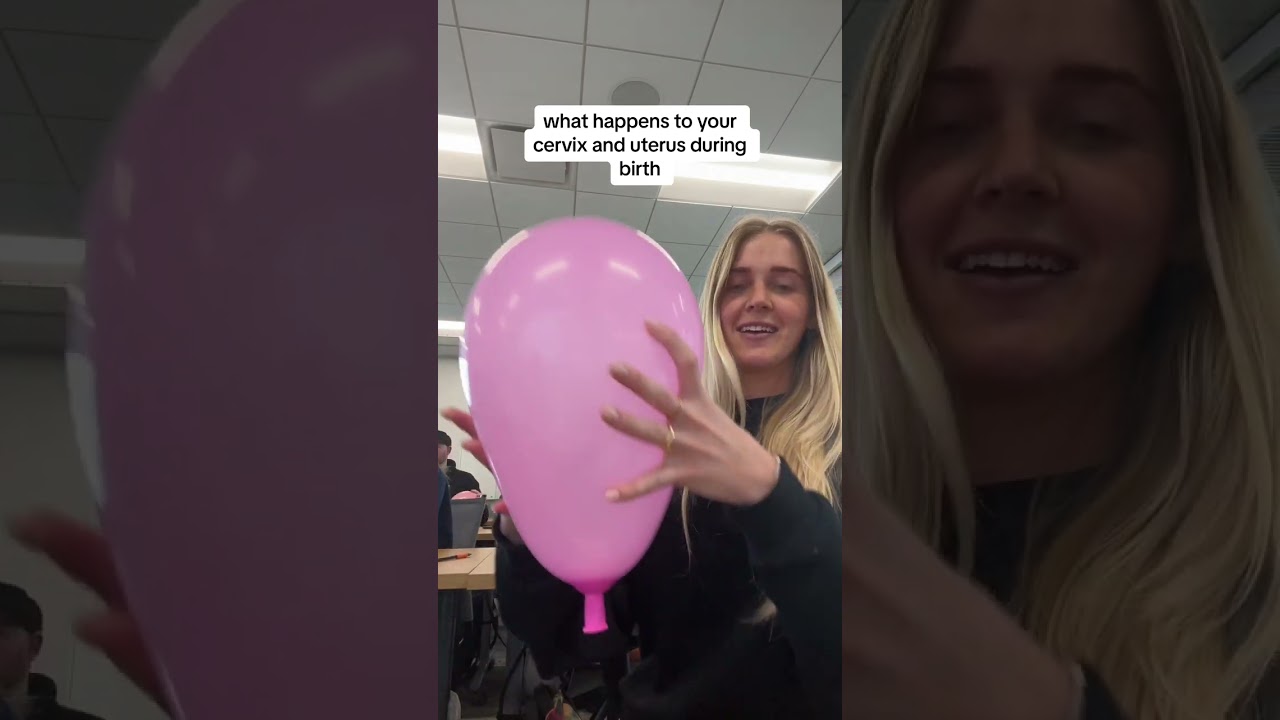 Girl uses a balloon to demonstrate the birthing process!