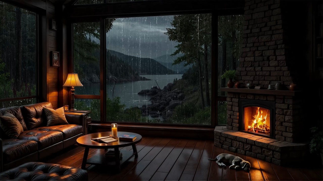⛈️Gentle Lakeside Rain in Forest Porch  Warm Fireplace & Calm Rain Ambience