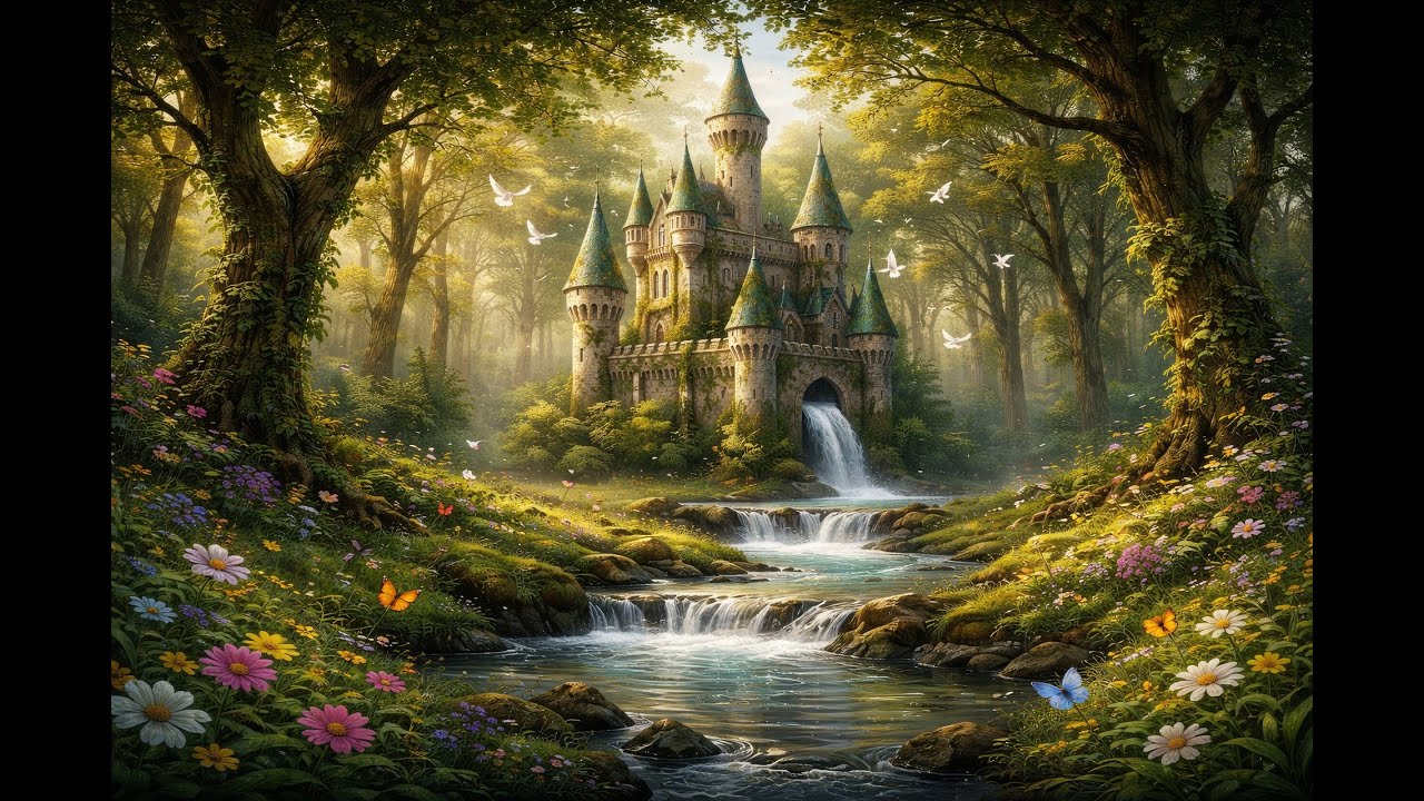Fantasy Castle Forest Ambience 🏰🌿 Waterfall & Birds Sounds with Soft Music | Relax, Study, Sleep