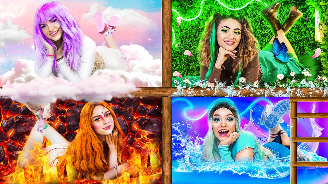 Four Elements Build a Bunk Bed! Fire Girl, Water Girl, Air Girl and Earth Girl