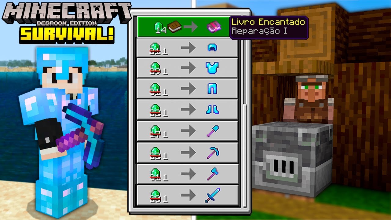 FULL DIAMANTE por 1 ESMERALDA e REPARAÇÃO - Minecraft Bedrock Survival (#12)