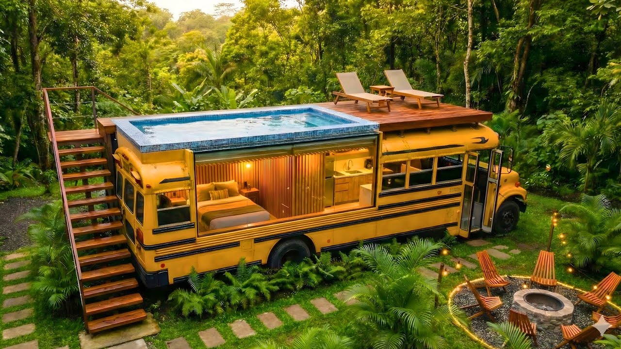 I Built a Luxury Summer Pool Home Inside an Abandoned Bus - Forest ASMR