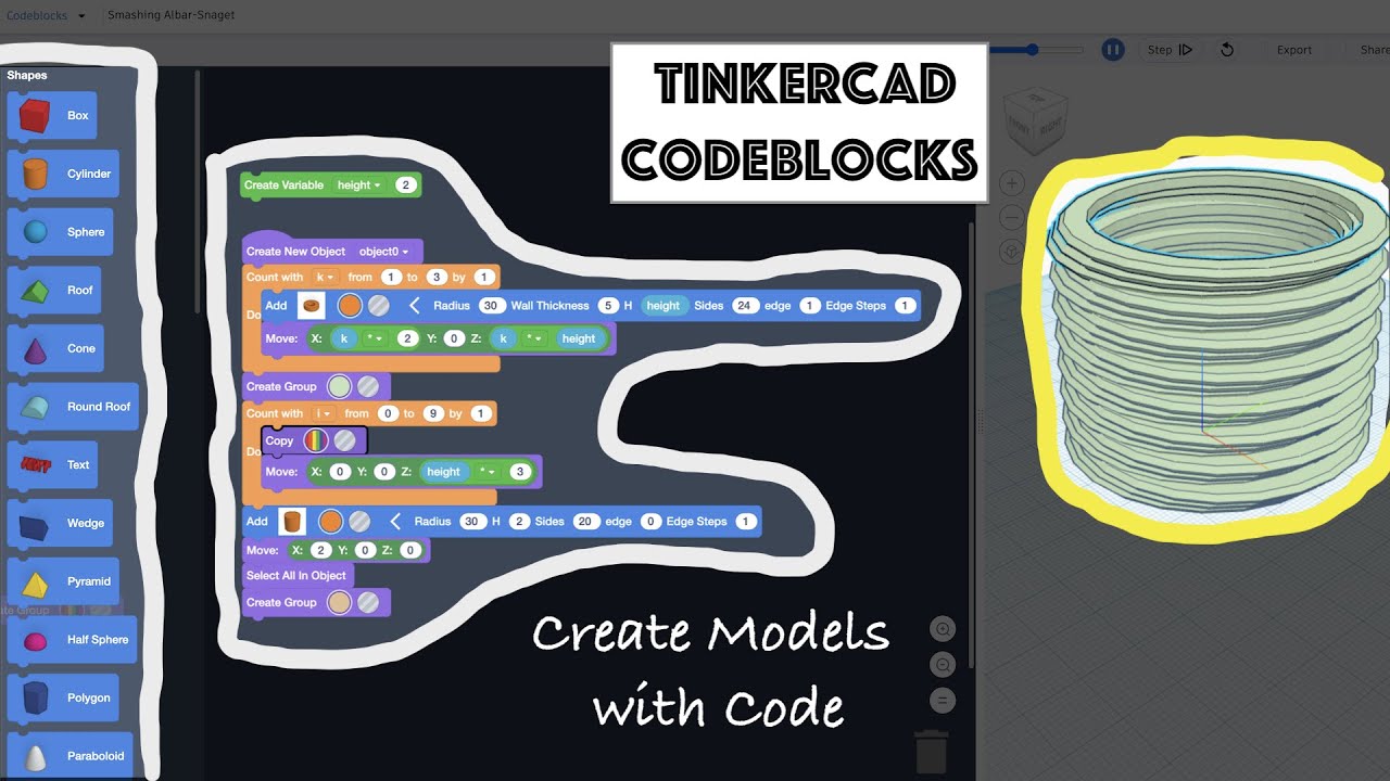 Learn Codeblocks TinkerCAD - How to make Models with Code - Scratch Style CAD Software. Tutorial