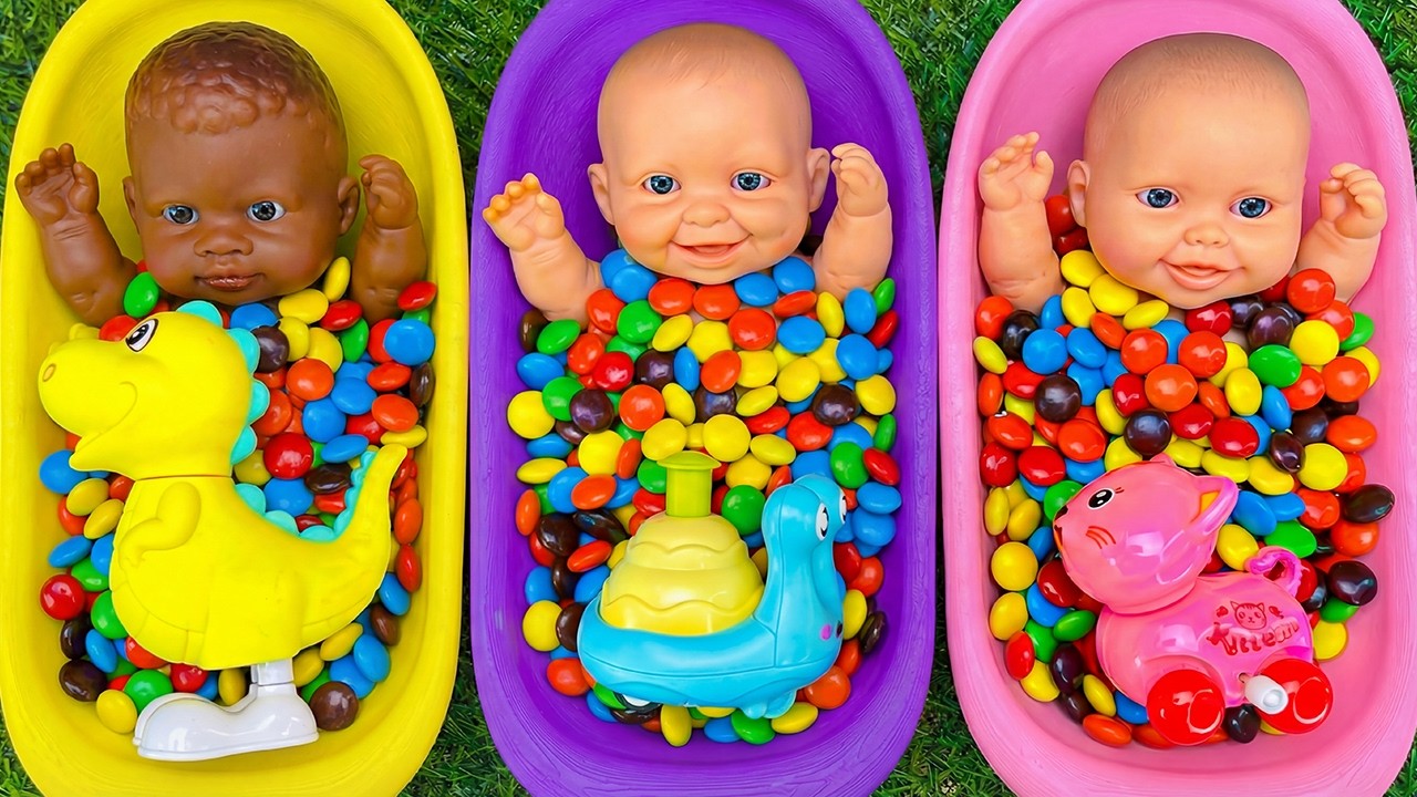 Full of 3 Rainbow BathTubs Candy with M&M's & Magic Slime Cutting Video