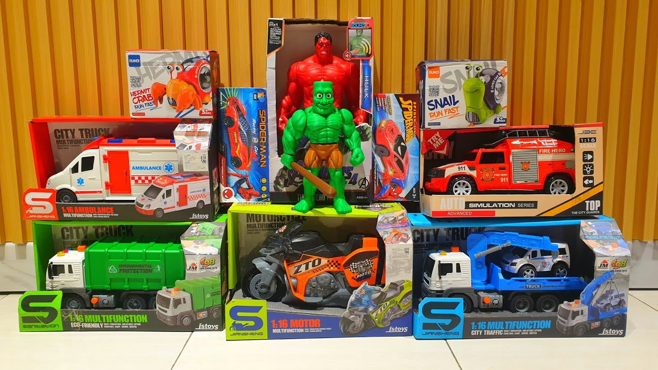 Unboxing Mobil Balap, Mobil Polisi,Truk Pemadam Kebakaran, Truk Tangki, Truk sampah, Bus