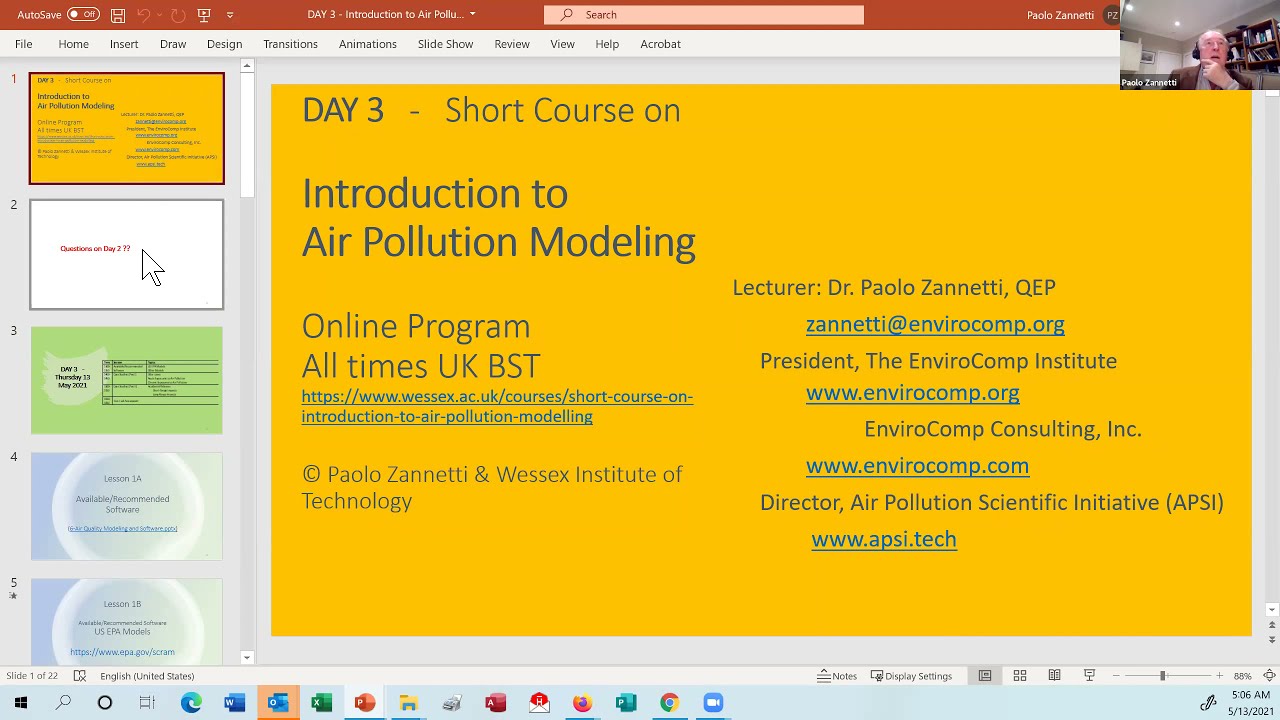 Short Course on Introduction to Air Pollution Modeling - Day 3 (Zannetti 2021, WIT)