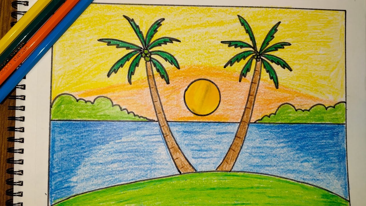 Sunset View Drawing#Palm Tree#Student Art #Nature view #Scenery
