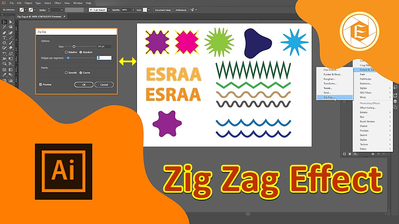 شرح تأثير الـ Zig Zag في الاليستريتور 2017 Distort & Transform in Illustrator👍 🎀| اسراء هاشم