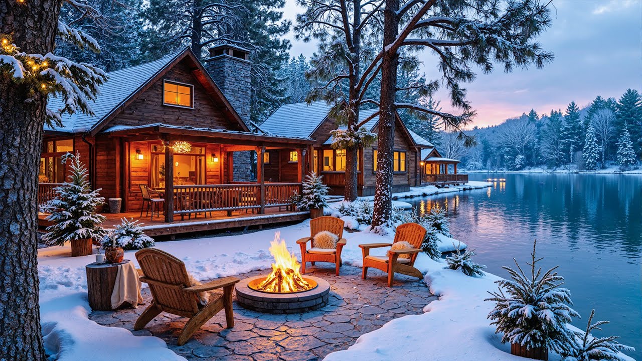 Snowfall Piano Music on the Winter Riverbank ❄️🔥 Fireplace Sounds with Blizzard for Work & Study