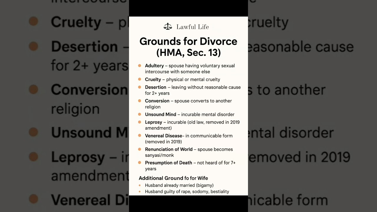 Ground for divorce, Hindu Marriage Act,  Sec 13 #hindumarriageact #divorce | Lawful Life