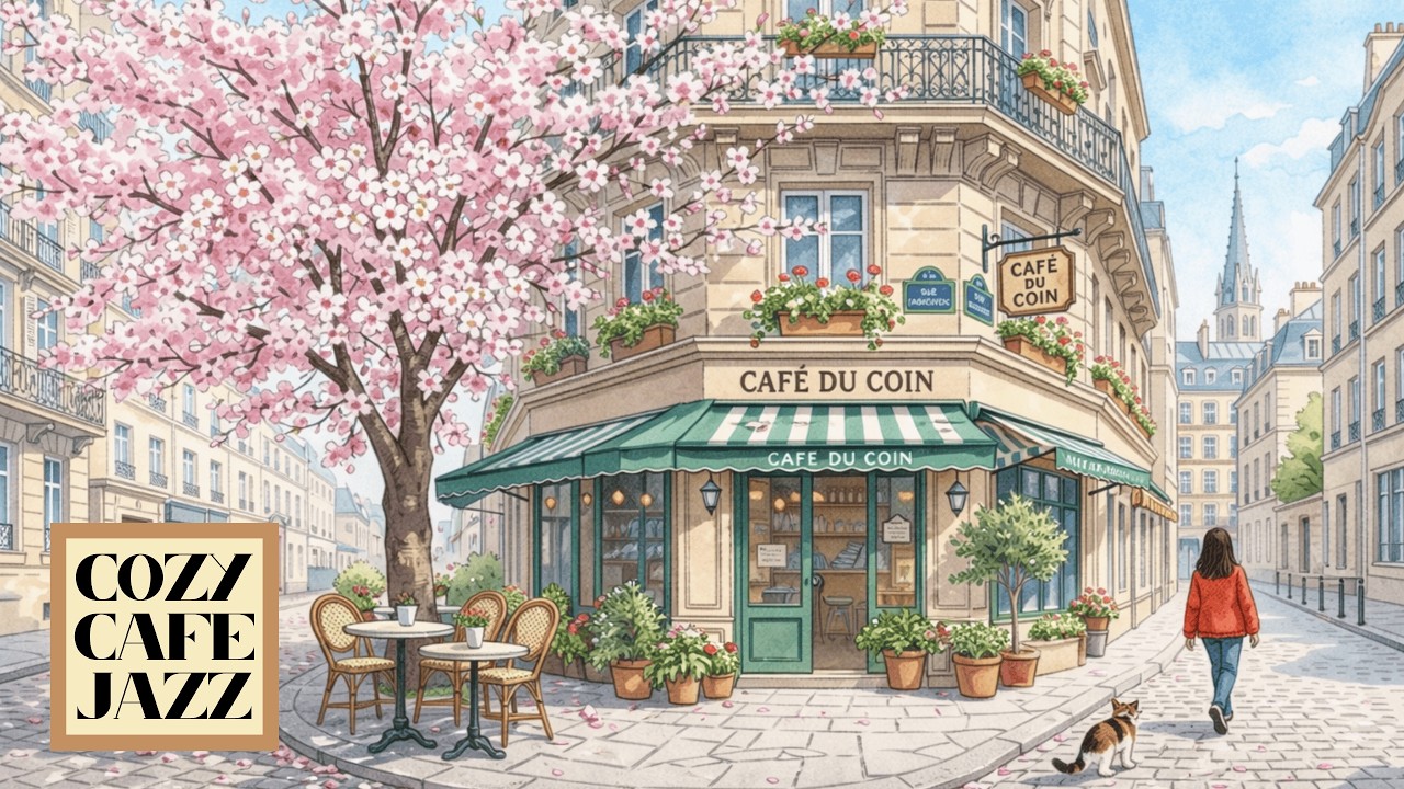 Spring Cafe Jazz ☕ Cherry Blossom Paris Café | Relaxing Coffee Shop Jazz for Study, Work & Relax