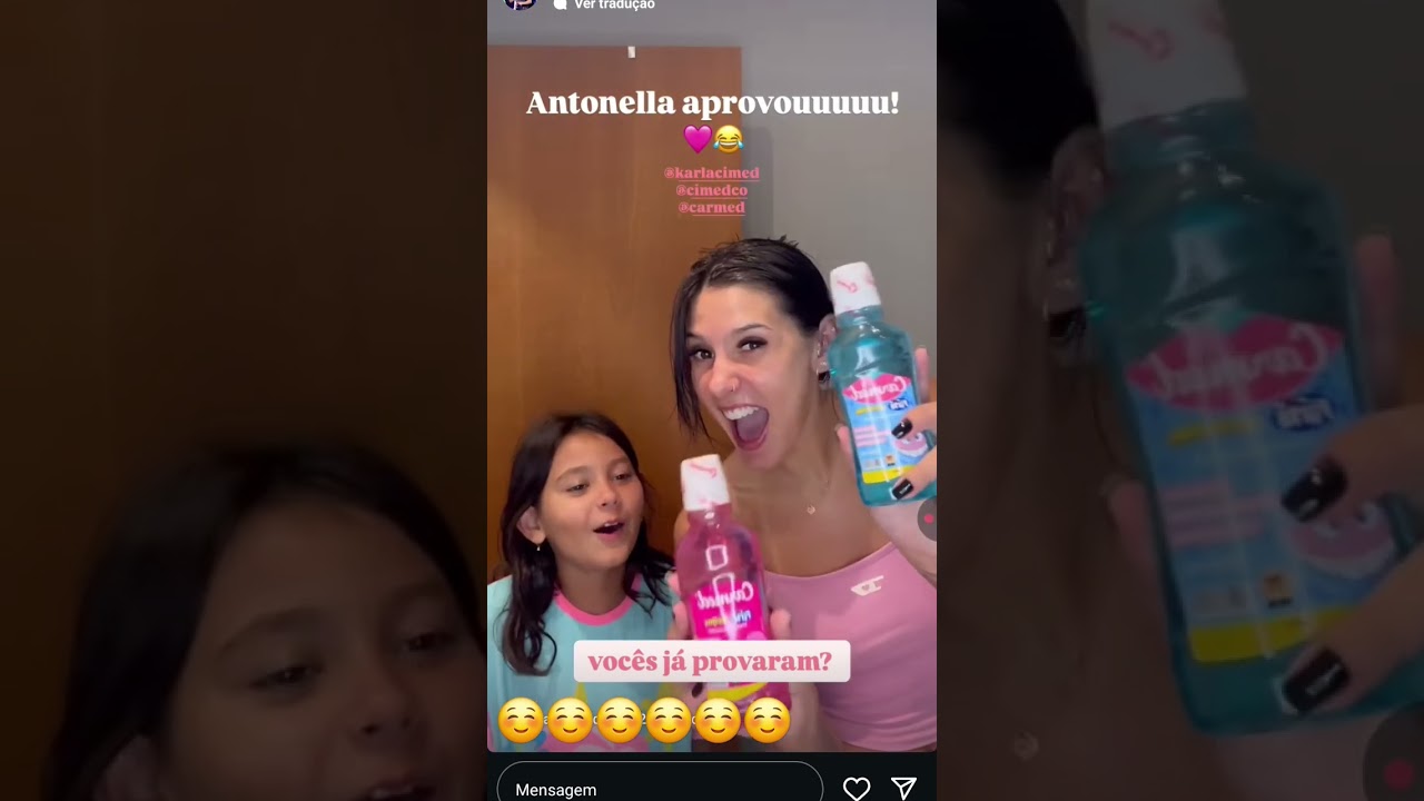 Ana castela e sua irmã antonella provam pasta de dente e enxaguante bocal da fino carmes