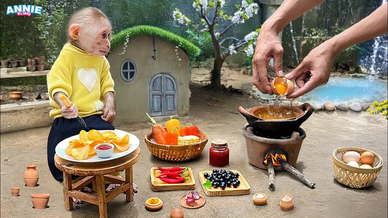 So great! Baby monkey Annie helps daddy harvest potatoes and grapes for breakfast!