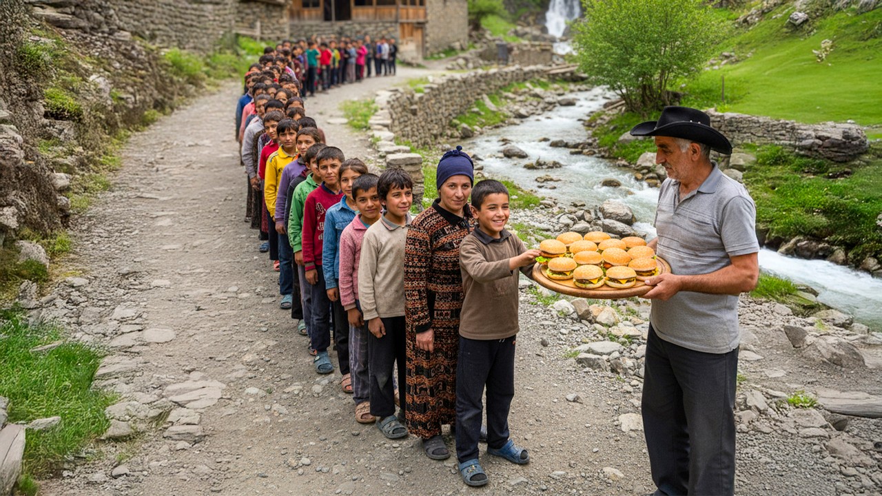 Пожилая пара кулинарная деревня гамбургеры для детей в горах