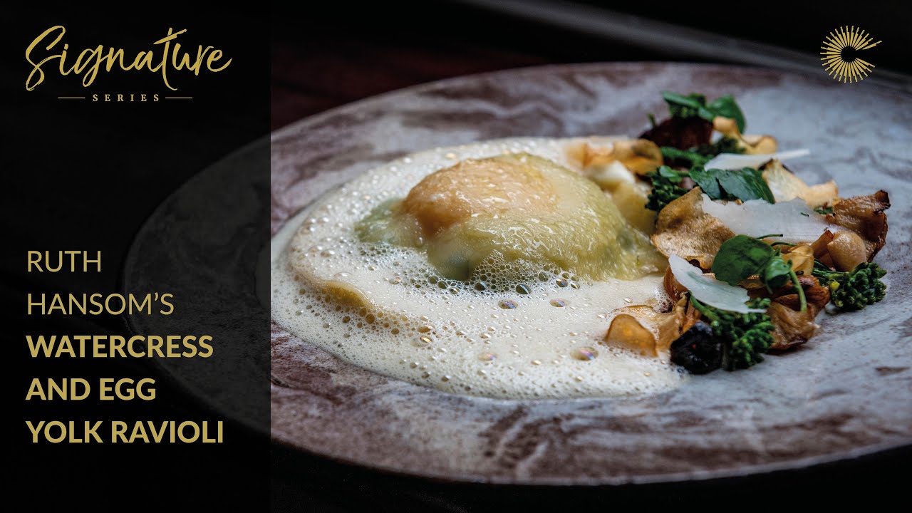 Ruth Hansom's Watercress & Egg Yolk Ravioli with Wild Mushroom Fricassee
