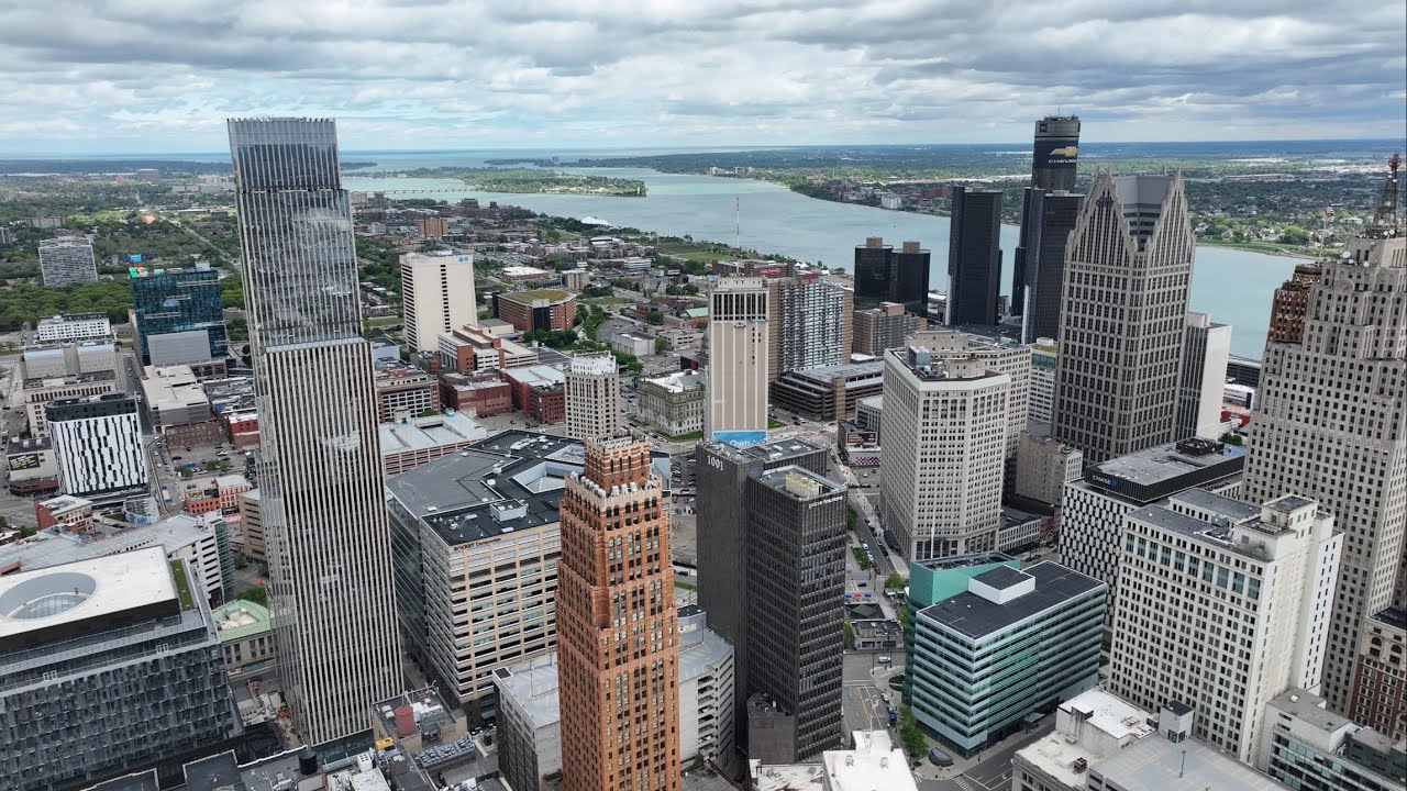 Drone 360 Above Downtown Detroit - Resurging City With New Hudson's Detroit Skyscraper