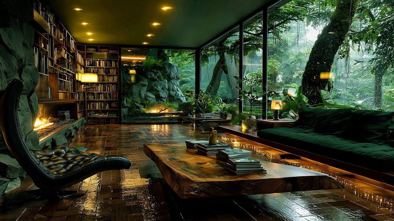 Rainforest Jazz Fireplace in Luxury Lounge 🌧️ Smooth Jazz Ambience for Focus, Study & Relax