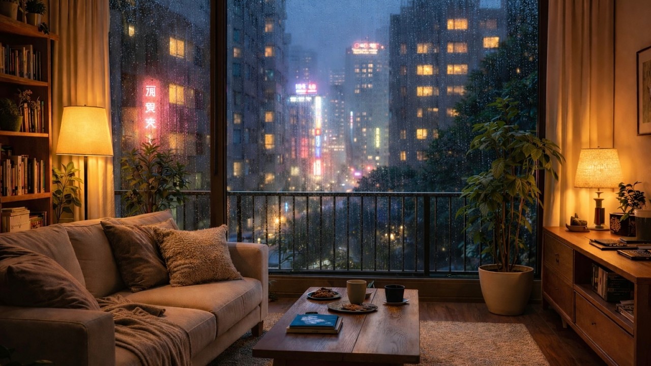 Rainy Evening Window Ambience | Cozy Apartment + City Lights | Relax • Study • Focus | No Music