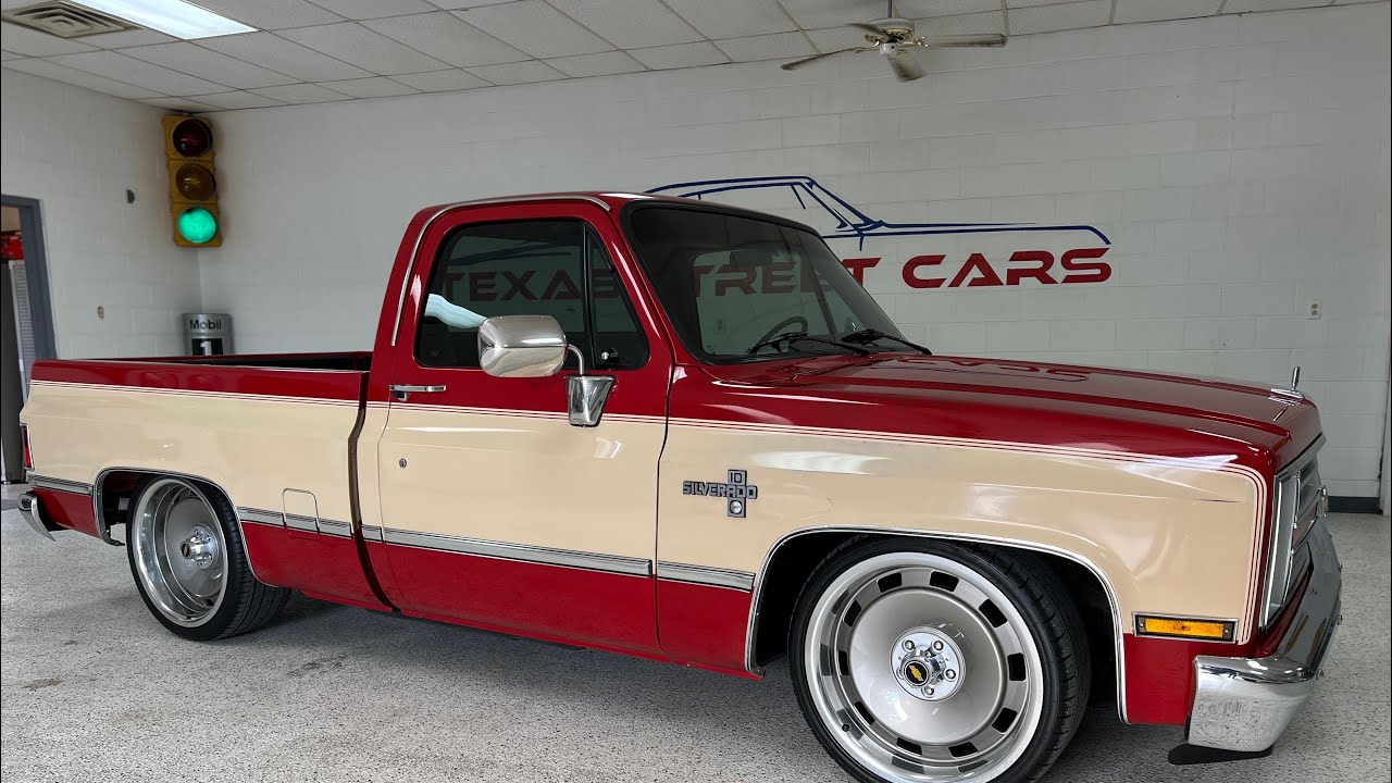 1987 Chevrolet R10, C10, low miles, two tone, 4/6 drop, 22” coy wheels, slosh tubs, SOLD