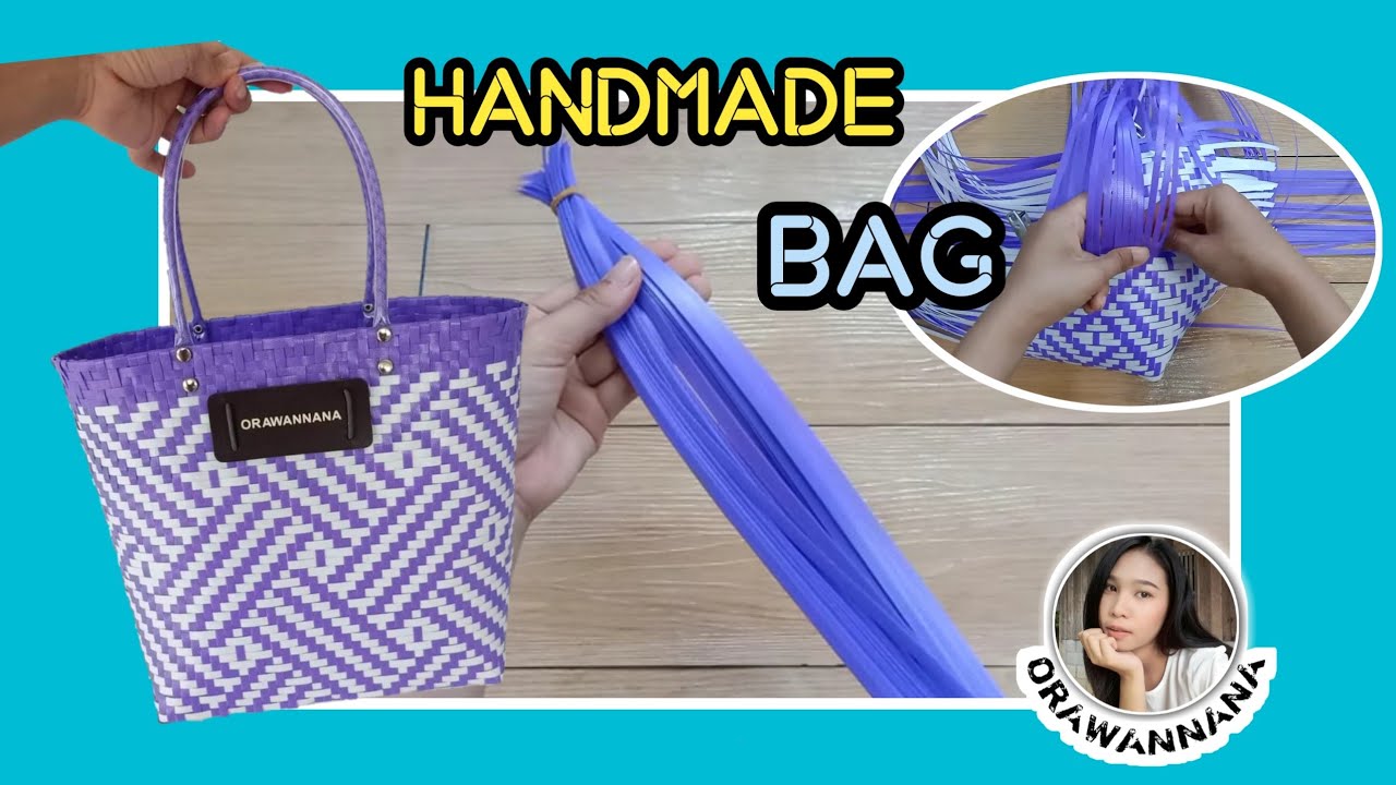 💜 กระเป๋าสานจากเส้นพลาสติก สีม่วง-ขาว 🔥 | How to weave bags from plastic line | handmade bag