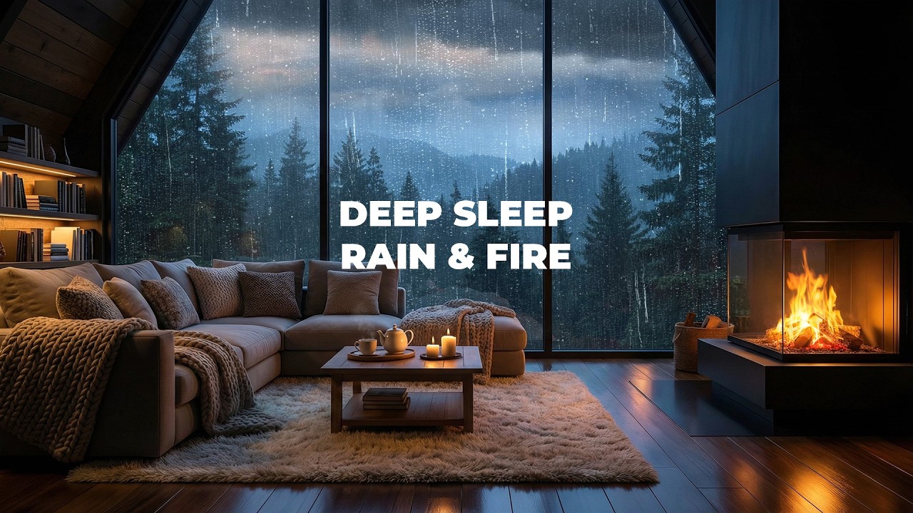 Cozy Rain Ambience with Crackling Fireplace in Forest Cabin for Deep Sleep & Relaxation