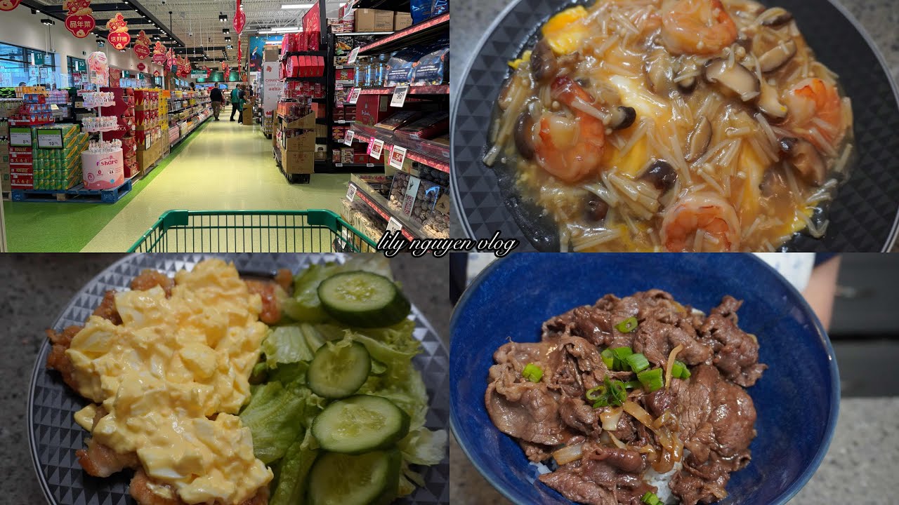 Grocery shopping in Canada, chicken nanban, Japanese beef rice bowl, omelette rice with sauce.