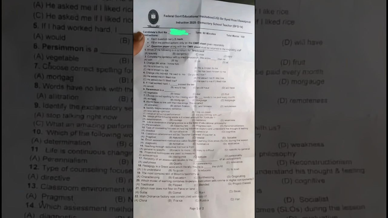 Today's FGEI EST Paper /23-2-2025 #selfpreparation22 #exam #education #english #fpsc #fps #spsc #sts