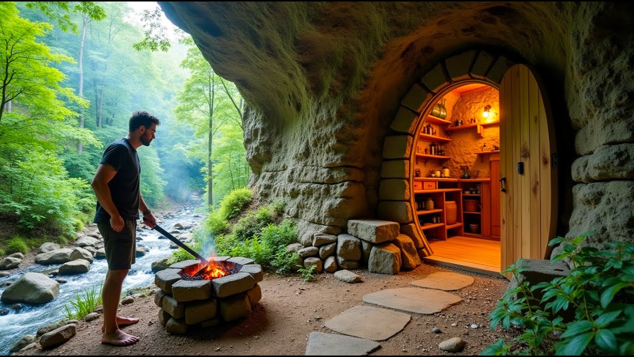 Building My Hidden Stone Sanctuary: An Off-Grid Cliffside Cabin Journey Full Video