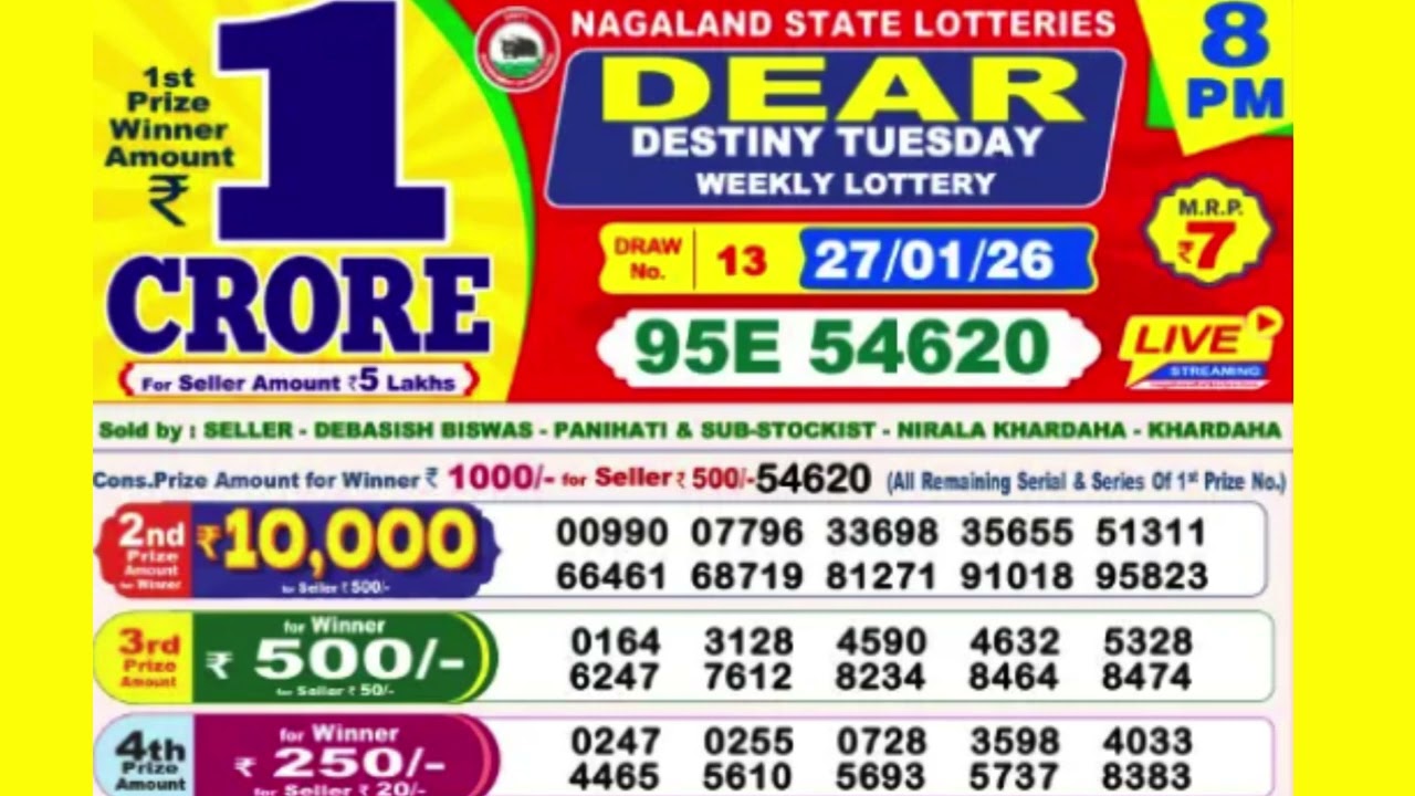 DEAR DESTINY TUESDAY WEEKLY LOTTERY TODAY RESULT 8 PM 27/01/26#latest lottery result