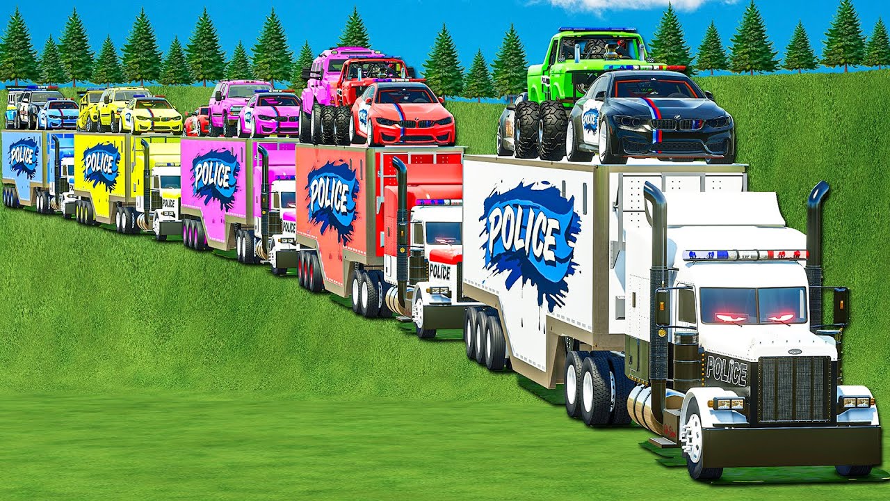DELIVERING LONG CONVOY COPS BMW, POLICE CRAWLERS, FIRE DEPARTMENT, AMBULANCE WITH TRUCKS! FS 25