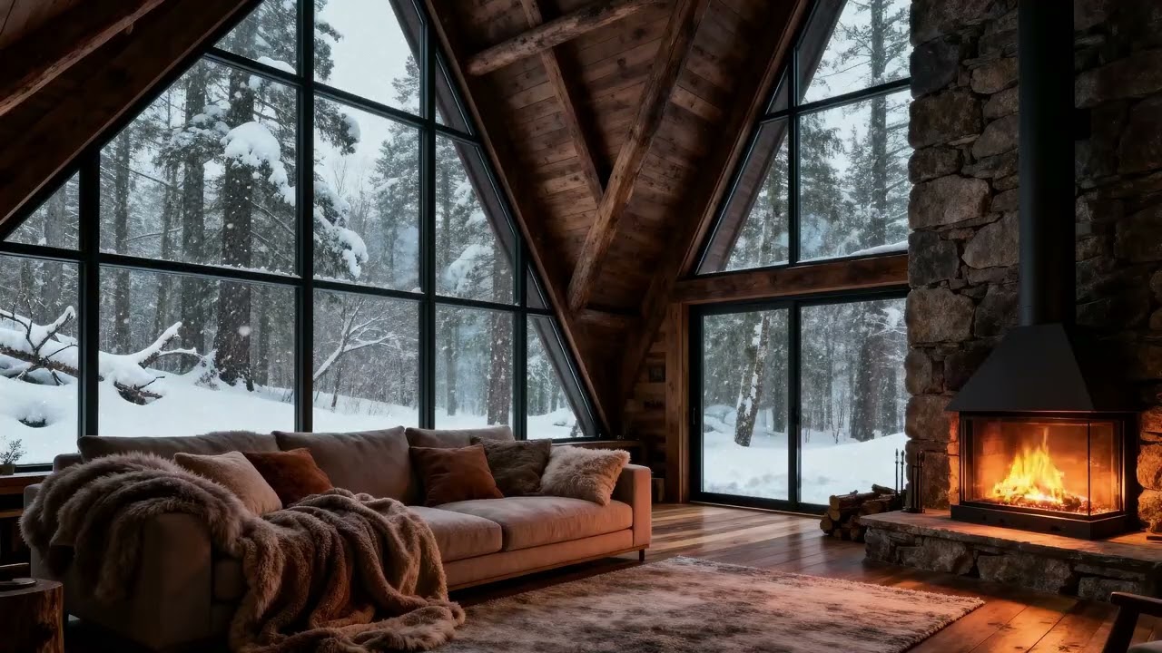 Cozy Living Room Ambience ❄️🔥 Soft Jazz, Warm Fireplace & Snow Falling Outside the Window