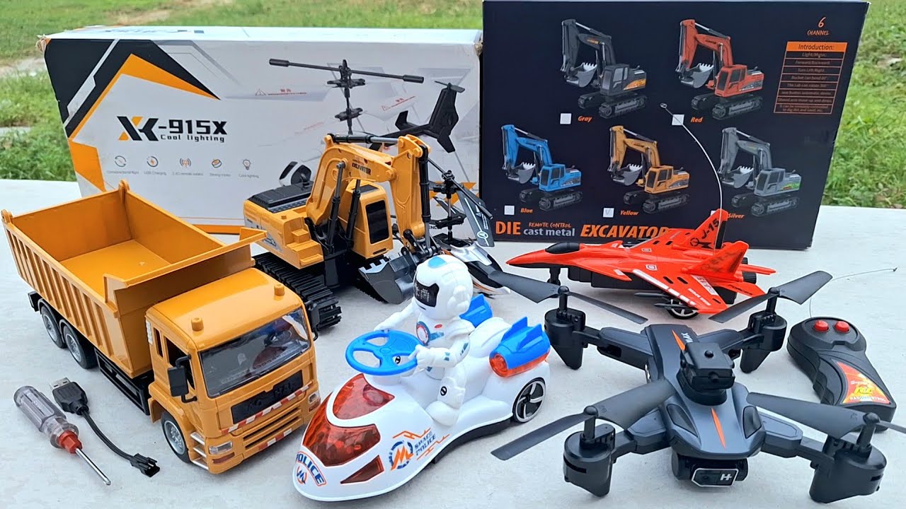 Unboxing Rc Beko Keruk,Rc Dump Truck,Rc Helicopter,Rc Plane,Rc Drone dan Robot Polisi