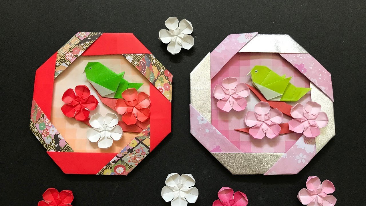 折り紙 うぐいすと梅の花のリース 折り方 Origami Warbler bird and plum flower wreath tutorial（NiceNo1）