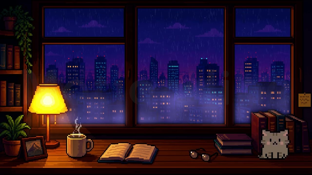 Cozy Pixel Rainy Window &ndash; Relaxing Pixel Art Night Background