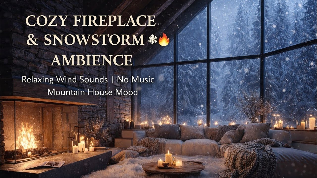 Cozy Fireplace & Snowstorm Ambience ❄️🔥 | Relaxing Wind Sounds | No Music | Mountain House Mood